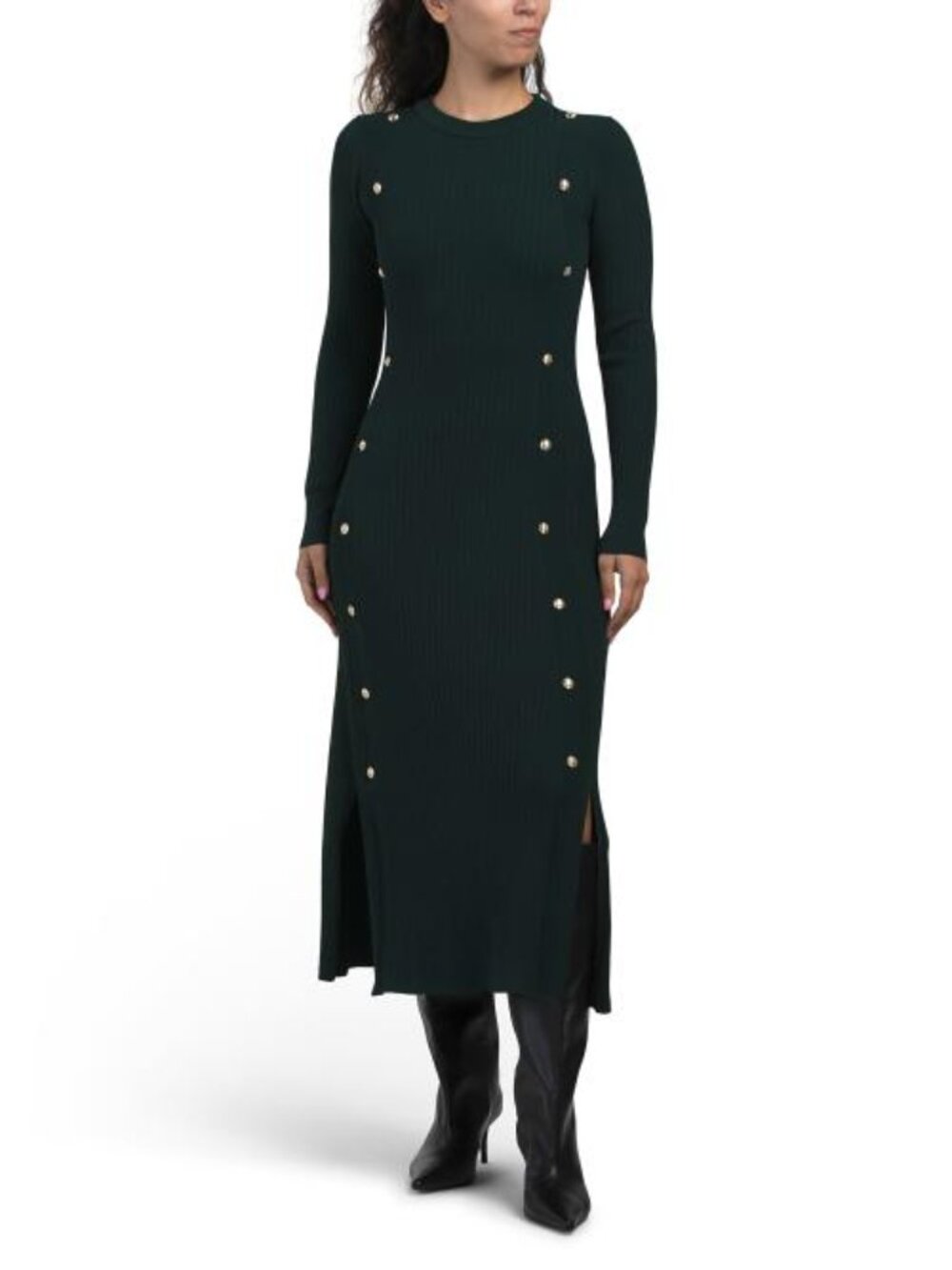 ELIE TAHARI Long Sleeve Crew Neck Rib Midi Dress With Button Details